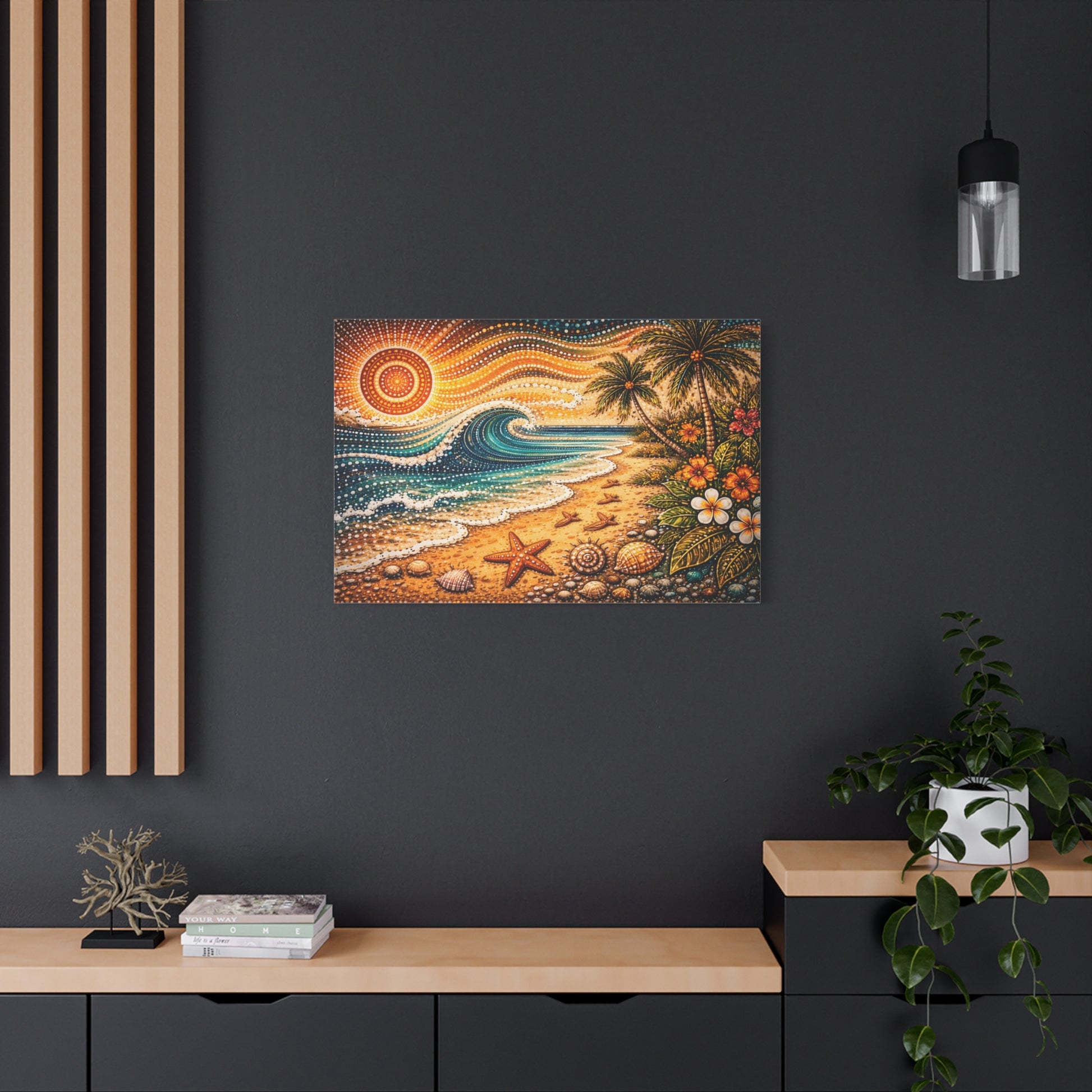 Tropical Beach Canvas Wall Art — Colorful Seascape with Palm Trees & Shells Canvas image 60