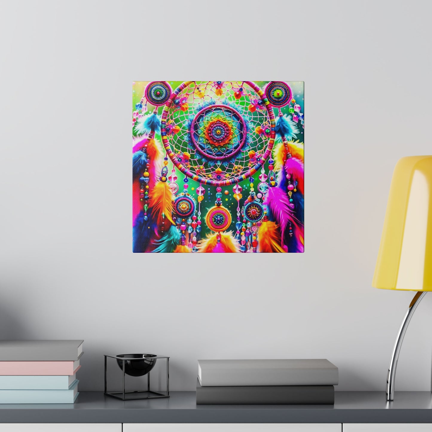 Vibrant Dreamcatcher: Kaleidoscopic Feather Canvas Art