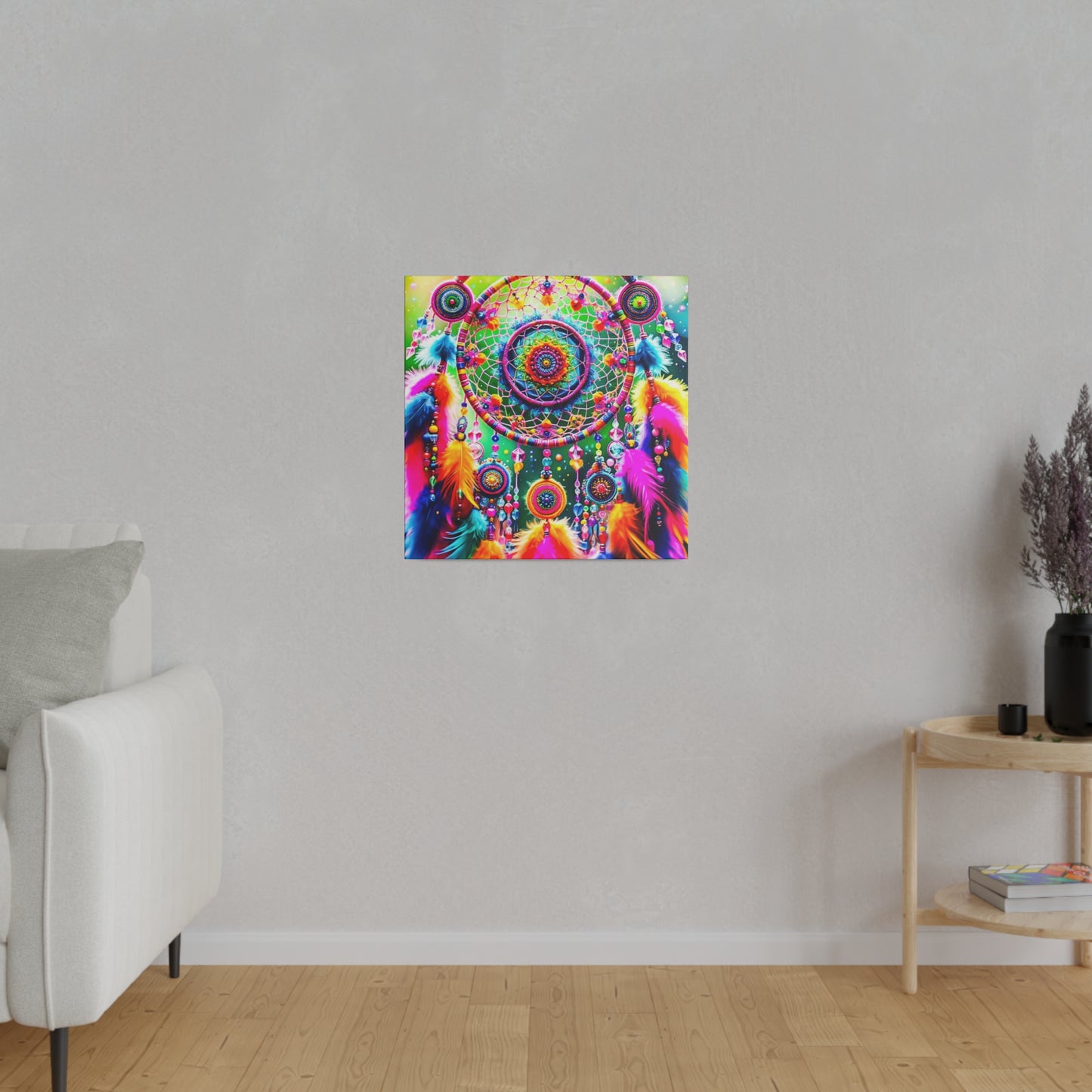 Vibrant Dreamcatcher: Kaleidoscopic Feather Canvas Art