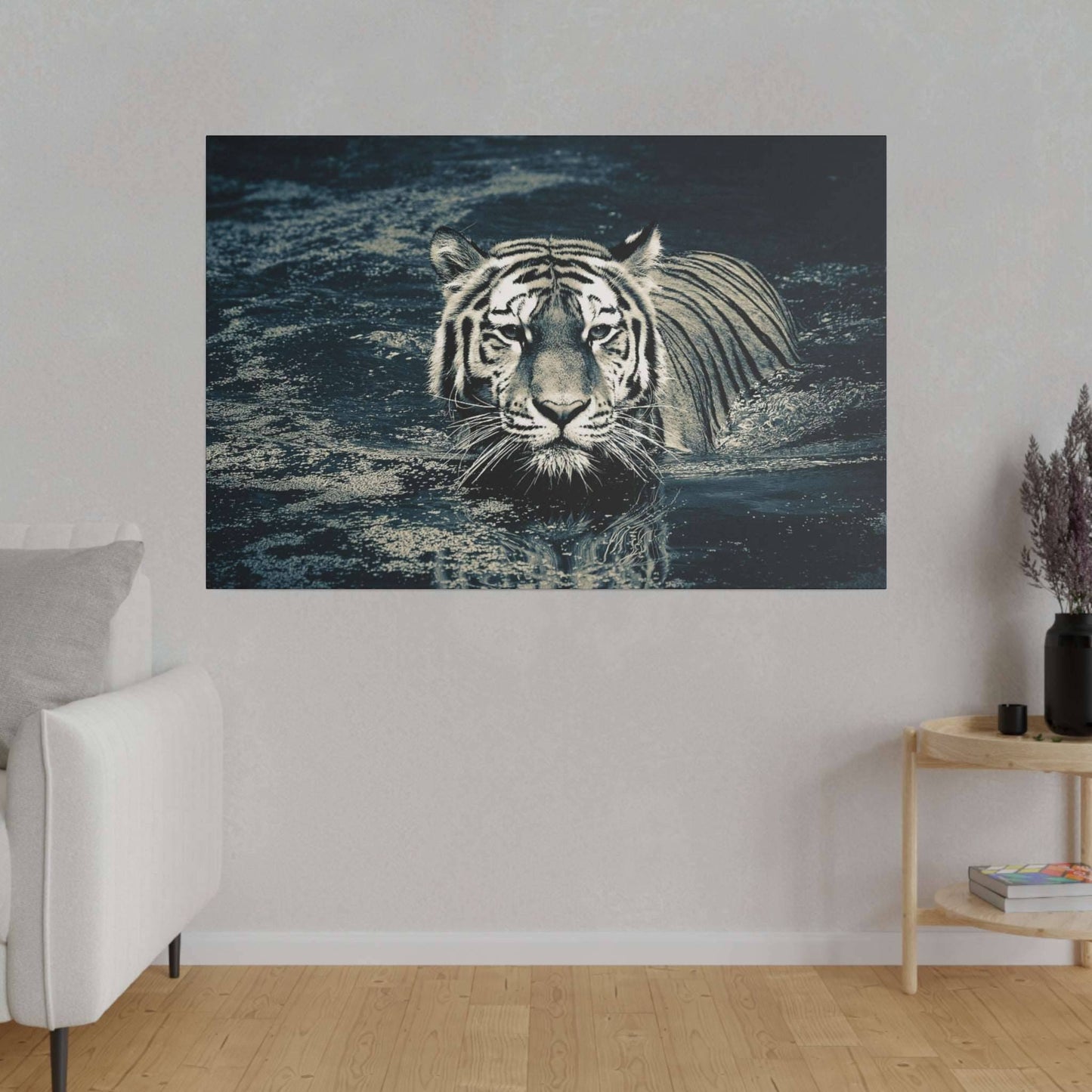 Stealth and Serenity: Monochrome Tiger Water Crossing Canvas Print