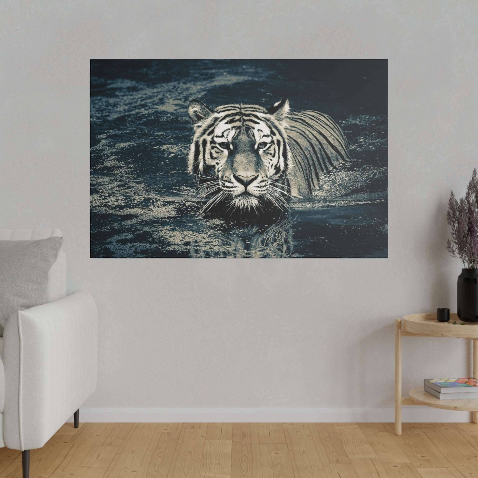 Stealth and Serenity: Monochrome Tiger Water Crossing Canvas Print