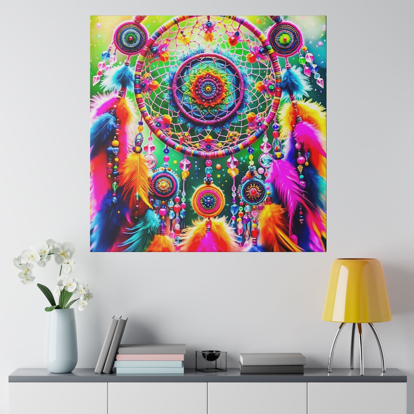 Vibrant Dreamcatcher: Kaleidoscopic Feather Canvas Art