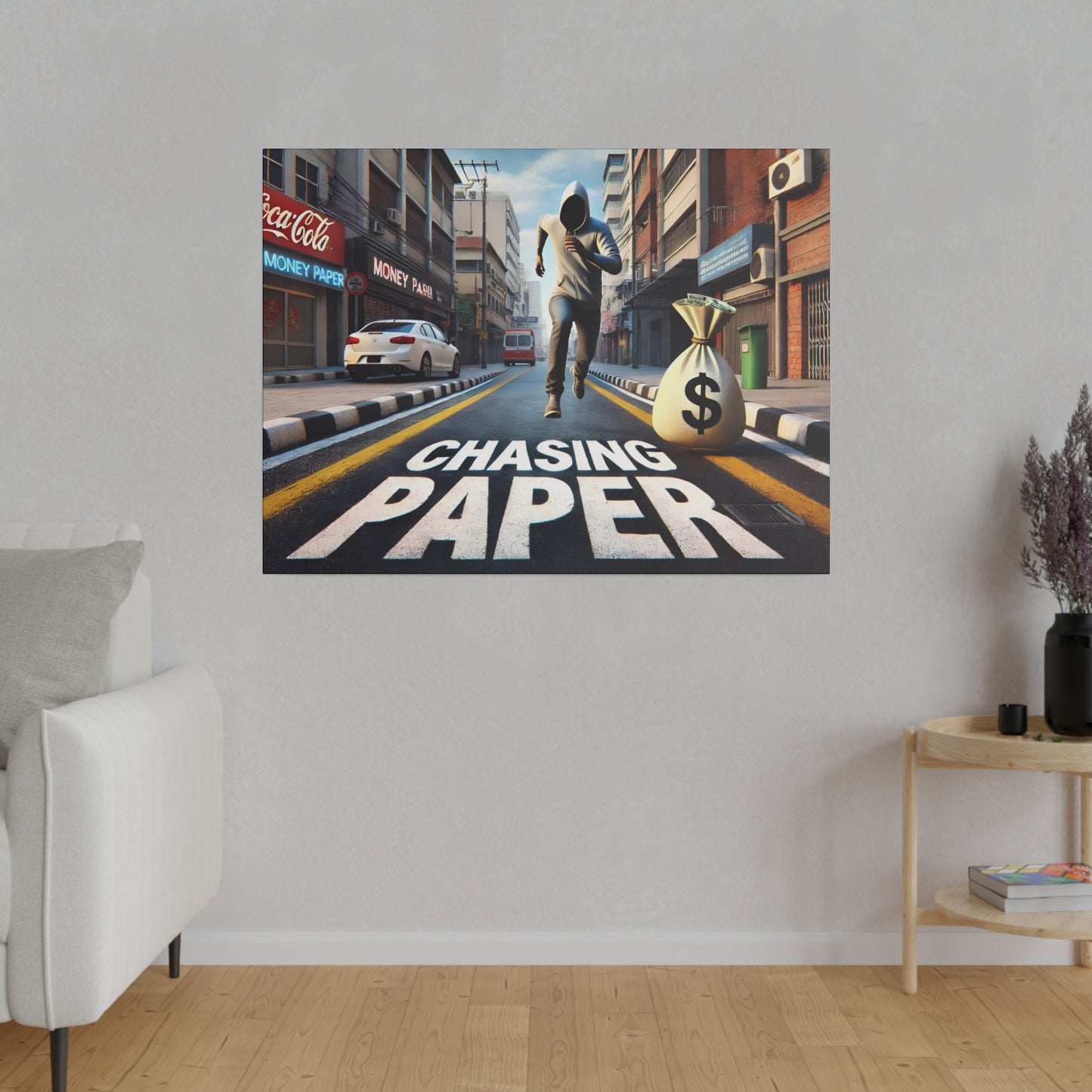 Chasing Paper: Dynamic Urban Canvas Print – Motivational Art