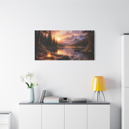 Sunset Mountain Lake Campfire Canvas Wall Art