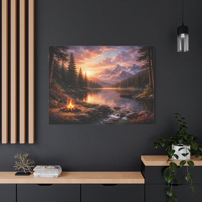 Sunset Mountain Lake Campfire Canvas Wall Art