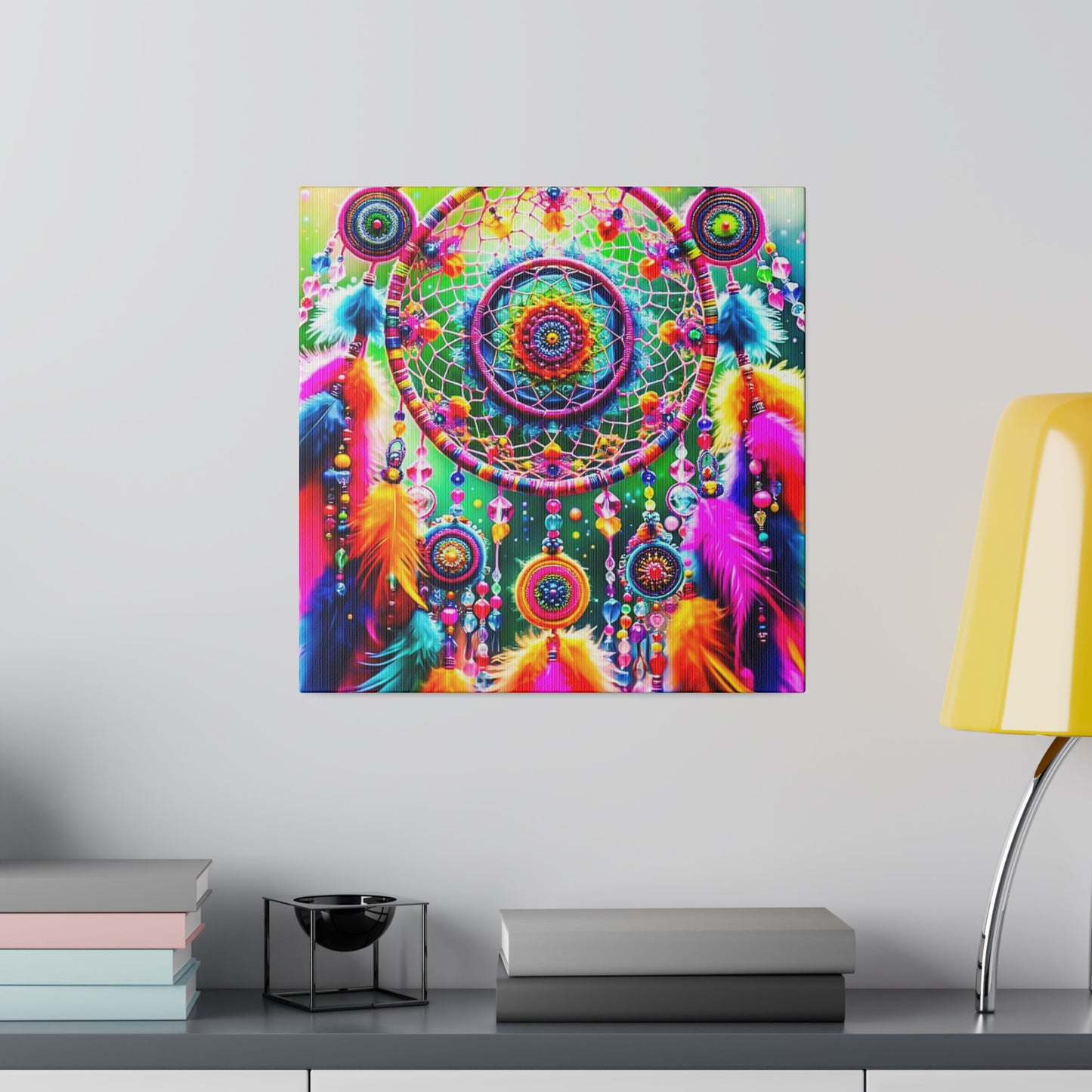 Vibrant Dreamcatcher: Kaleidoscopic Feather Canvas Art