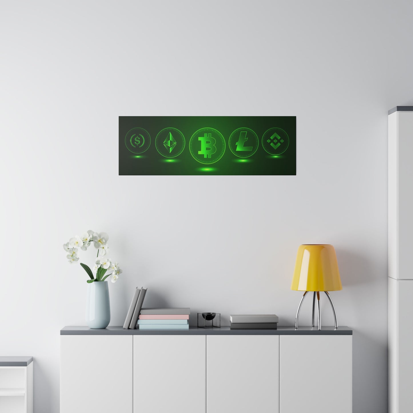 Glowing Cryptocurrency Icons Art Print - Modern Wall Décor for Crypto Enthusiasts