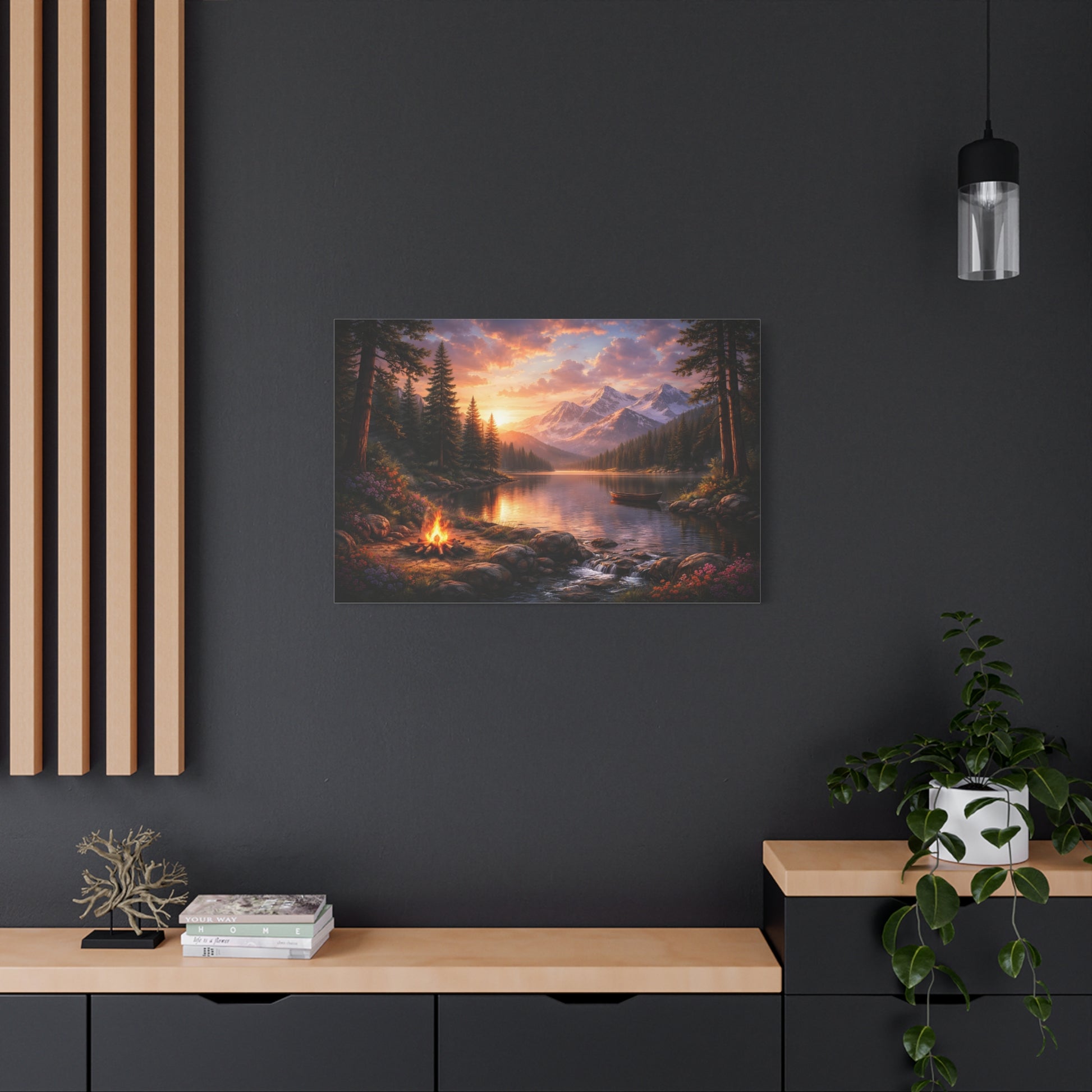 Sunset Mountain Lake Campfire Canvas Wall Art