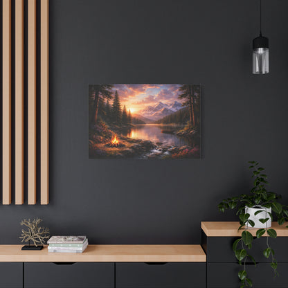 Sunset Mountain Lake Campfire Canvas Wall Art