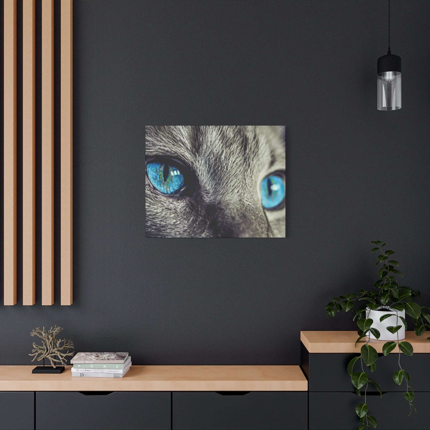 a picture of a cat's blue eyes on a wall