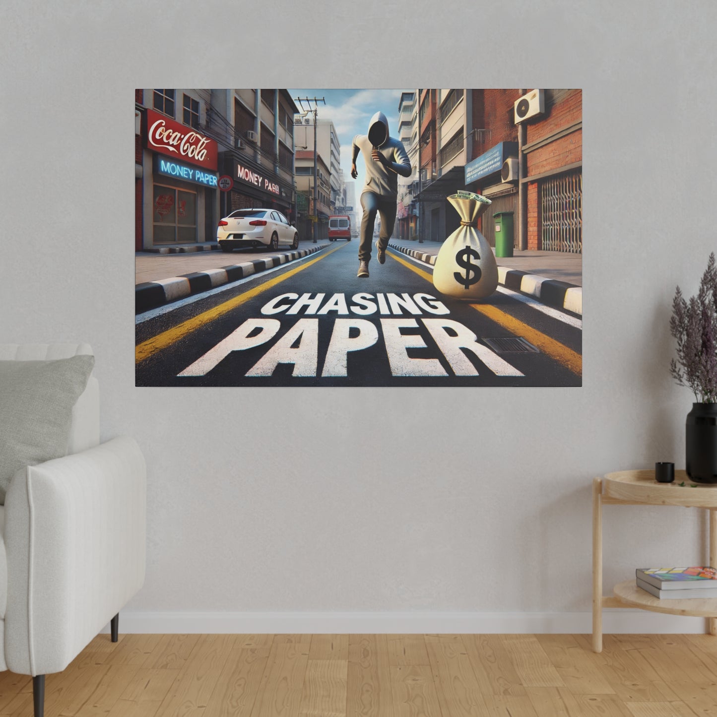 Chasing Paper: Dynamic Urban Canvas Print – Motivational Art