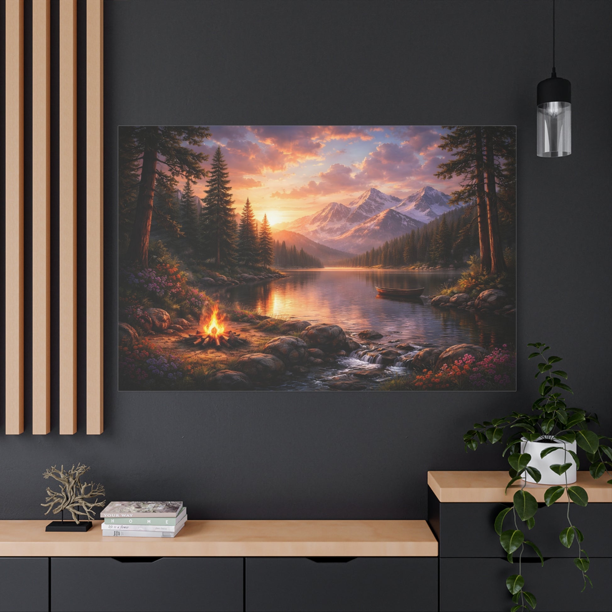 Sunset Mountain Lake Campfire Canvas Wall Art