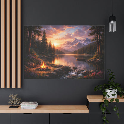 Sunset Mountain Lake Campfire Canvas Wall Art