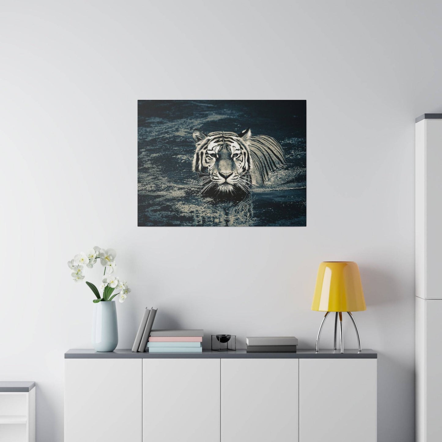 Stealth and Serenity: Monochrome Tiger Water Crossing Canvas Print