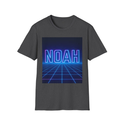 Dark heather gray T-shirt with a neon blue-pink "NOAH" text over a retro blue grid horizon graphic.
