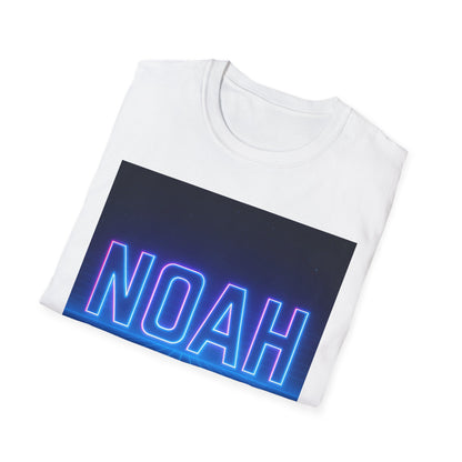 White folded t-shirt featuring a rectangular gradient graphic with neon blue-pink NOAH lettering.
