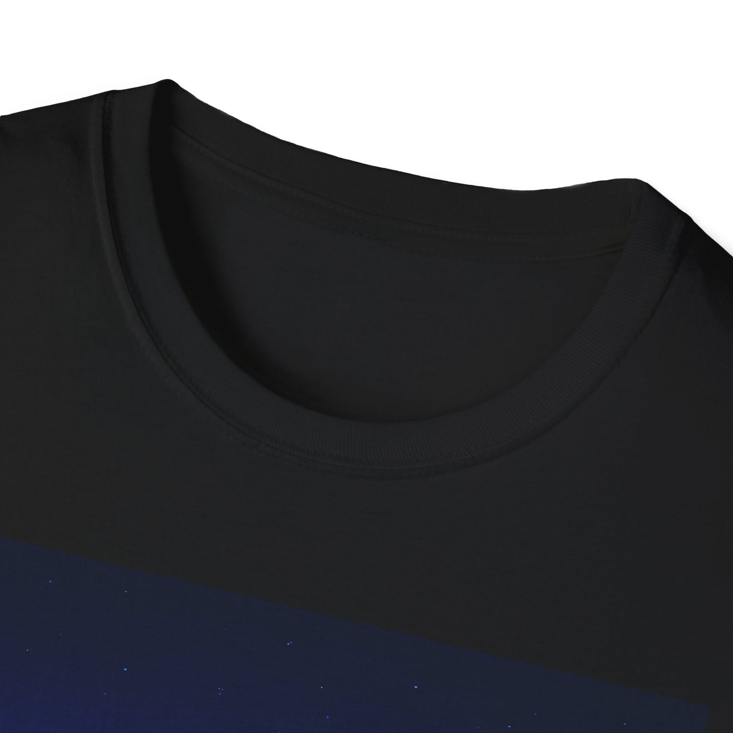 Close-up of a black crew-neck T-shirt featuring a dark blue diagonal stripe across the chest.