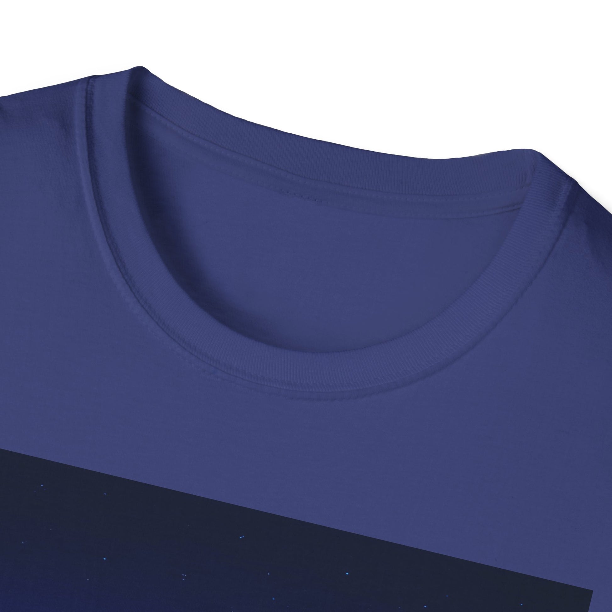 Blue crew-neck t-shirt with a black diagonal graphic across the front.