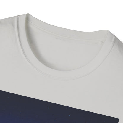 Close-up of a white crew-neck T-shirt featuring a navy diagonal panel with tiny white specks.