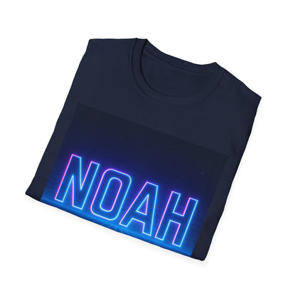 Navy blue crewneck T-shirt folded flat with a dark rectangular panel and bright blue neon NOAH lettering along the bottom.