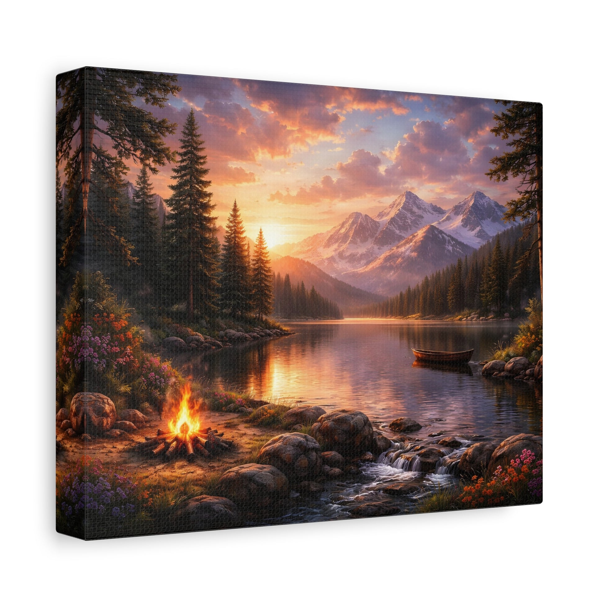 Sunset Mountain Lake Campfire Canvas Wall Art