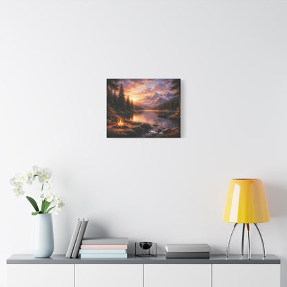 Sunset Mountain Lake Campfire Canvas Wall Art