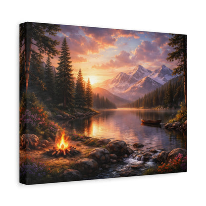 Sunset Mountain Lake Campfire Canvas Wall Art