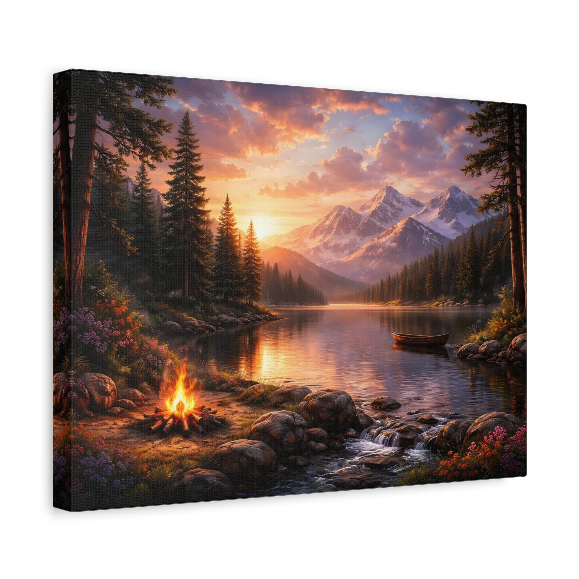 Sunset Mountain Lake Campfire Canvas Wall Art