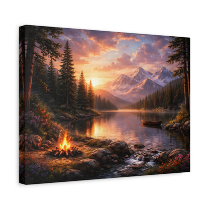 Sunset Mountain Lake Campfire Canvas Wall Art