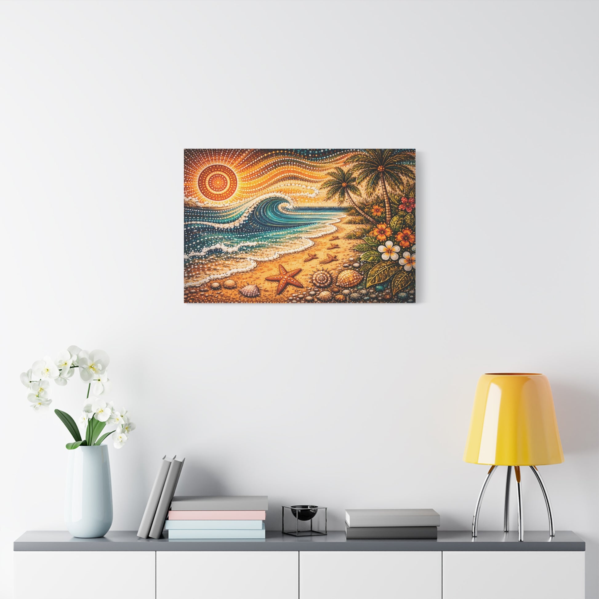 Tropical Beach Canvas Wall Art — Colorful Seascape with Palm Trees & Shells Canvas image 50
