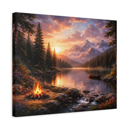 Sunset Mountain Lake Campfire Canvas Wall Art