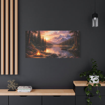 Sunset Mountain Lake Campfire Canvas Wall Art