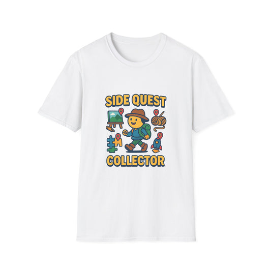 Side Quest Collector artwork shown on the front of a clean studio graphic tee