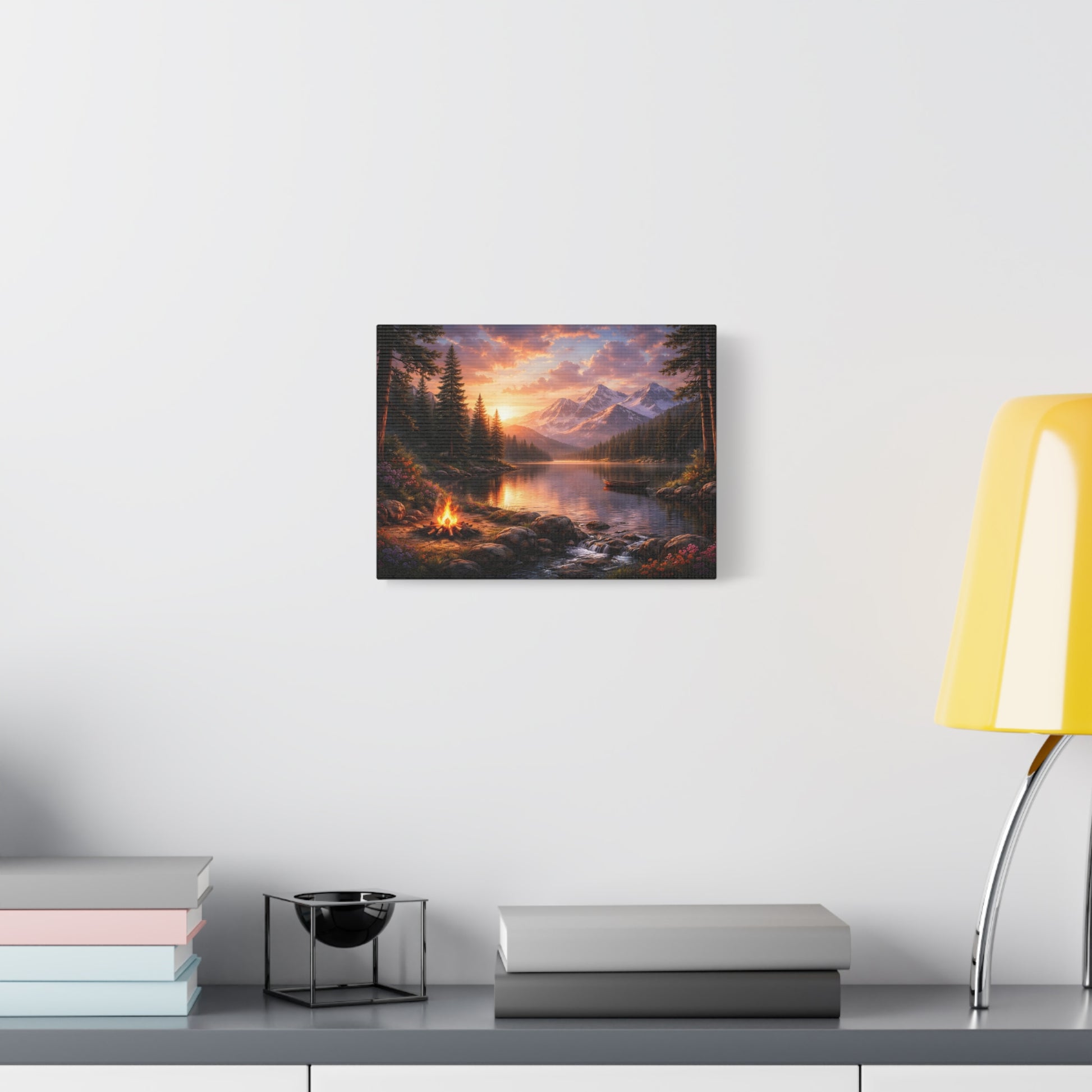 Sunset Mountain Lake Campfire Canvas Wall Art