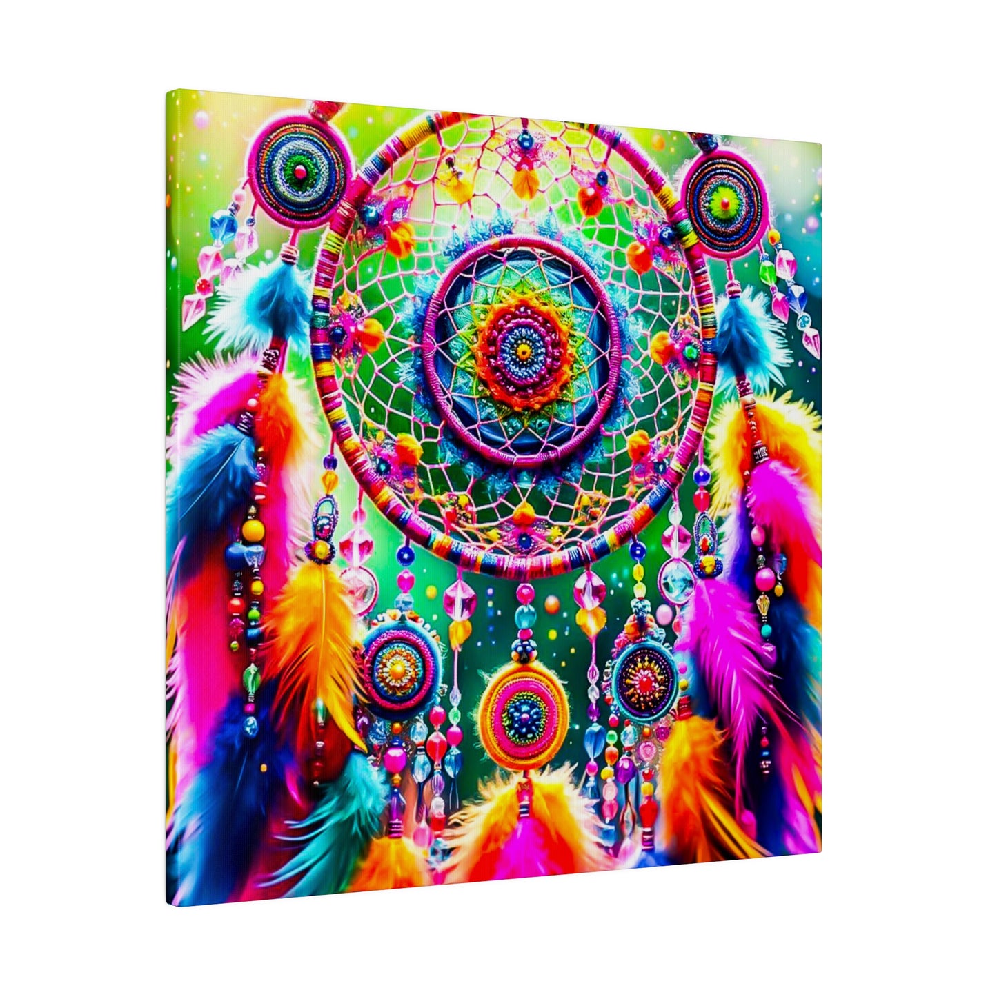 Vibrant Dreamcatcher: Kaleidoscopic Feather Canvas Art