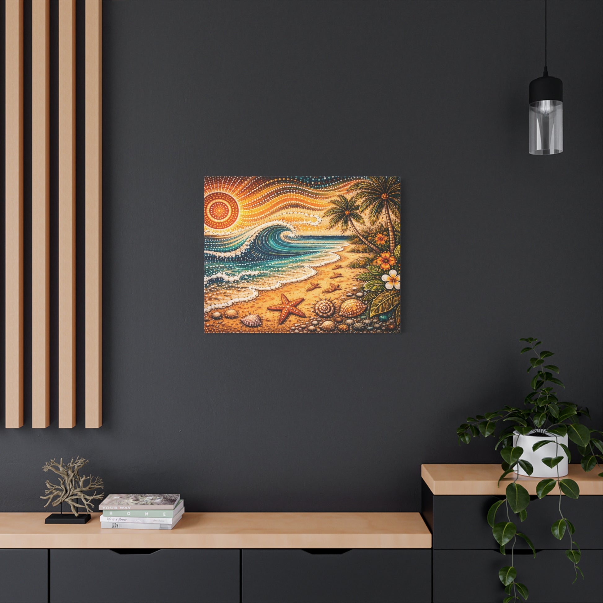 Tropical Beach Canvas Wall Art — Colorful Seascape with Palm Trees & Shells Canvas image 54
