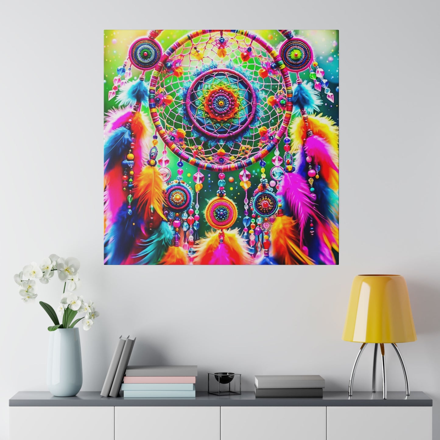 Vibrant Dreamcatcher: Kaleidoscopic Feather Canvas Art