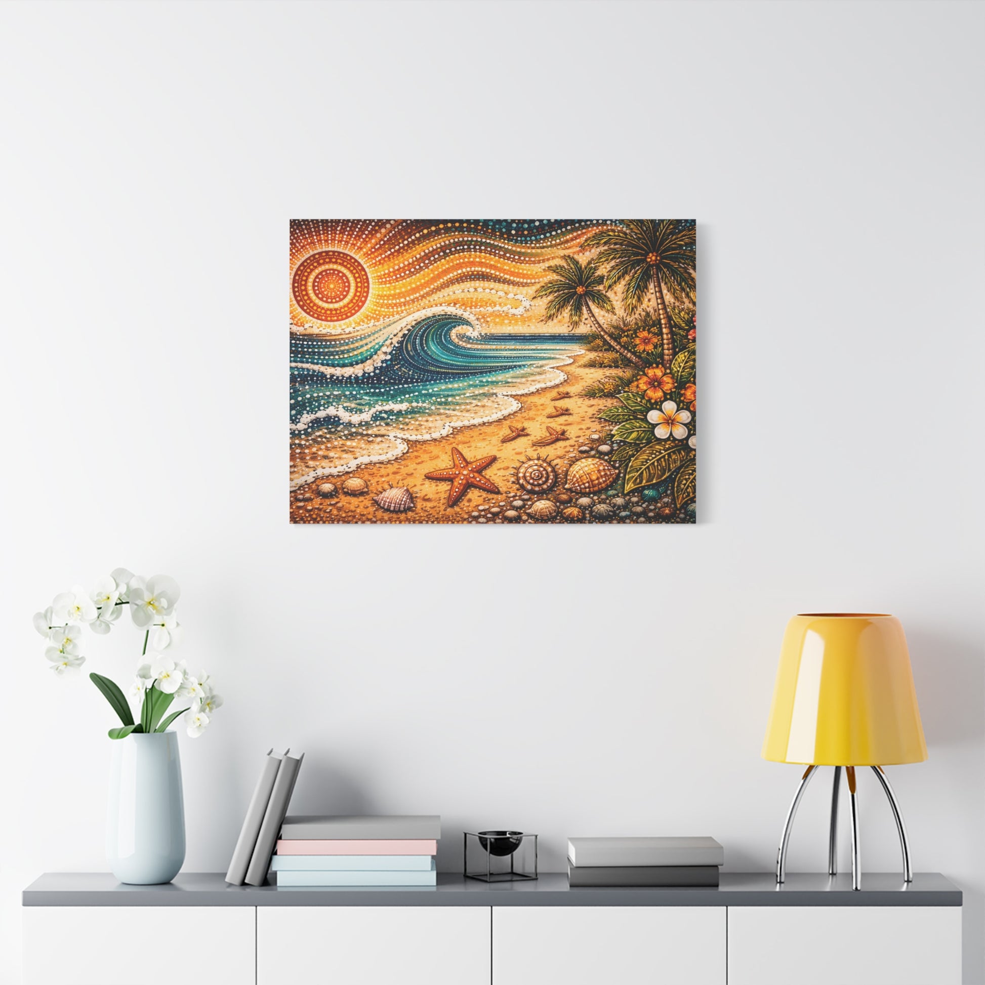 Tropical Beach Canvas Wall Art — Colorful Seascape with Palm Trees & Shells Canvas image 56
