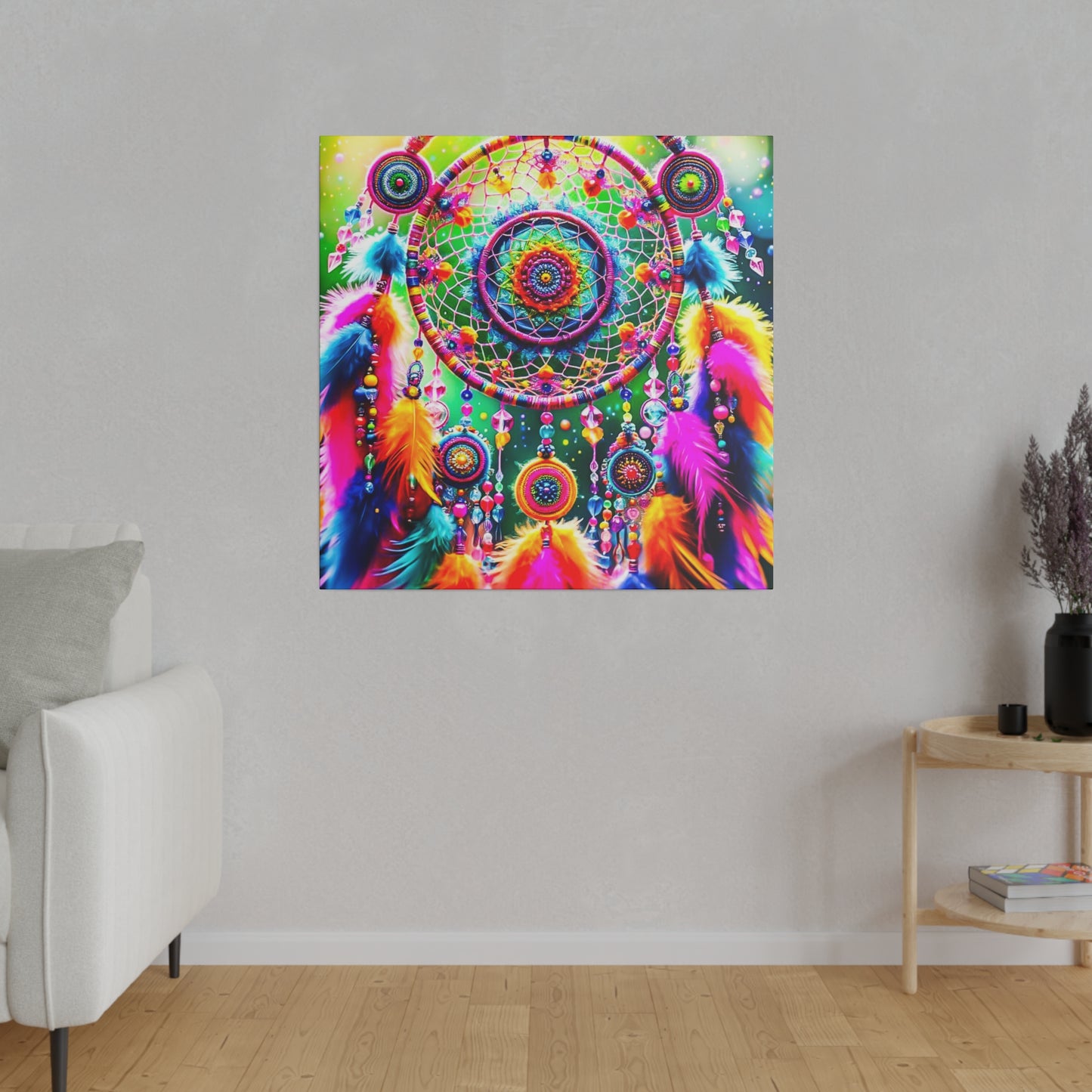 Vibrant Dreamcatcher: Kaleidoscopic Feather Canvas Art