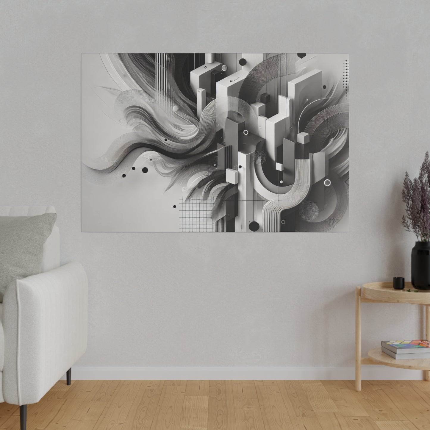 Monochrome Abstract Art Canvas - Modern Geometric Flow in 4K