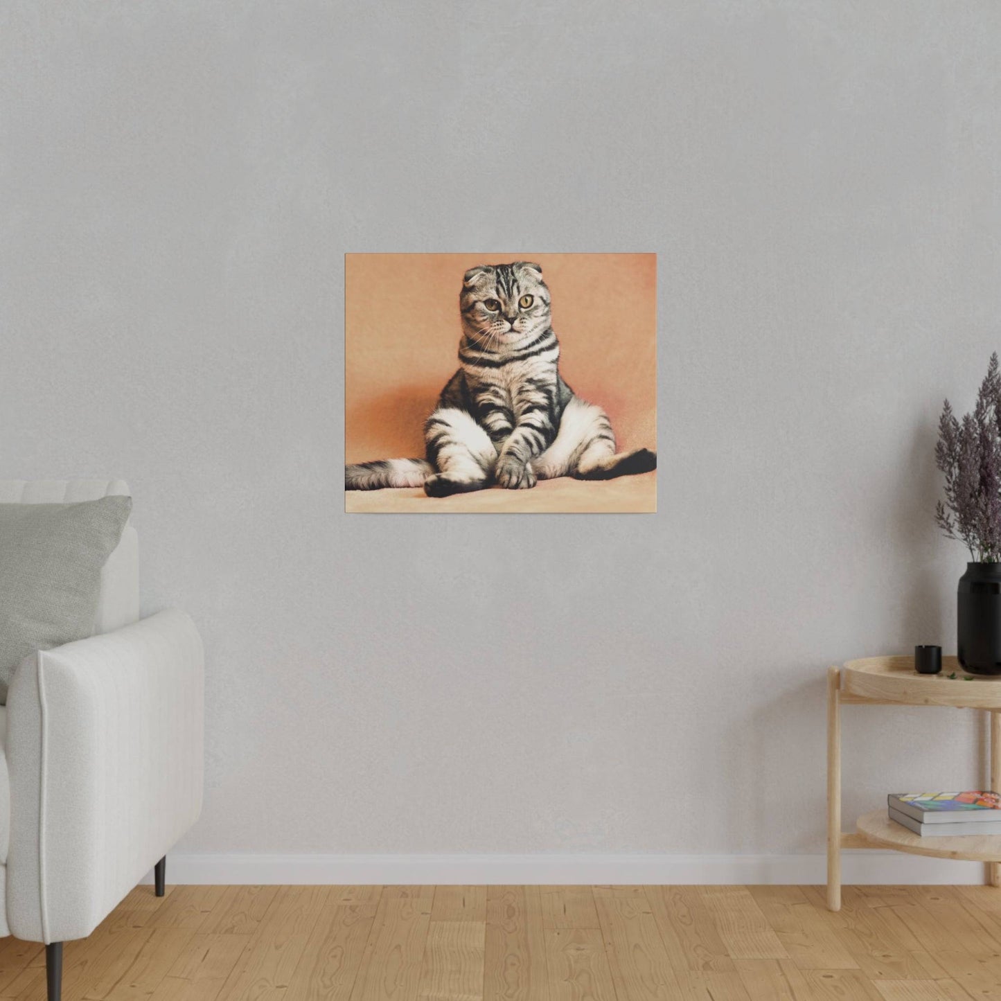 Scottish Fold cat sitting on a soft surface, with a curious look.