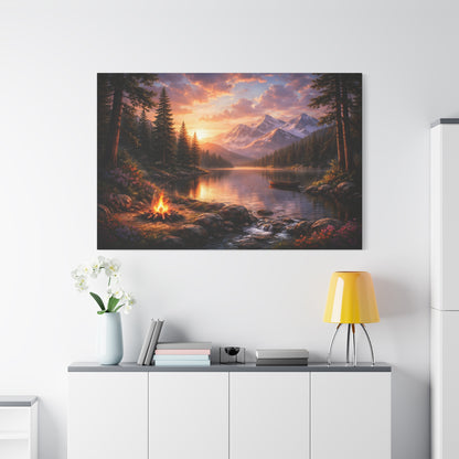 Sunset Mountain Lake Campfire Canvas Wall Art