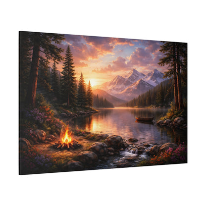 Sunset Mountain Lake Campfire Canvas Wall Art
