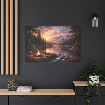 Sunset Mountain Lake Campfire Canvas Wall Art