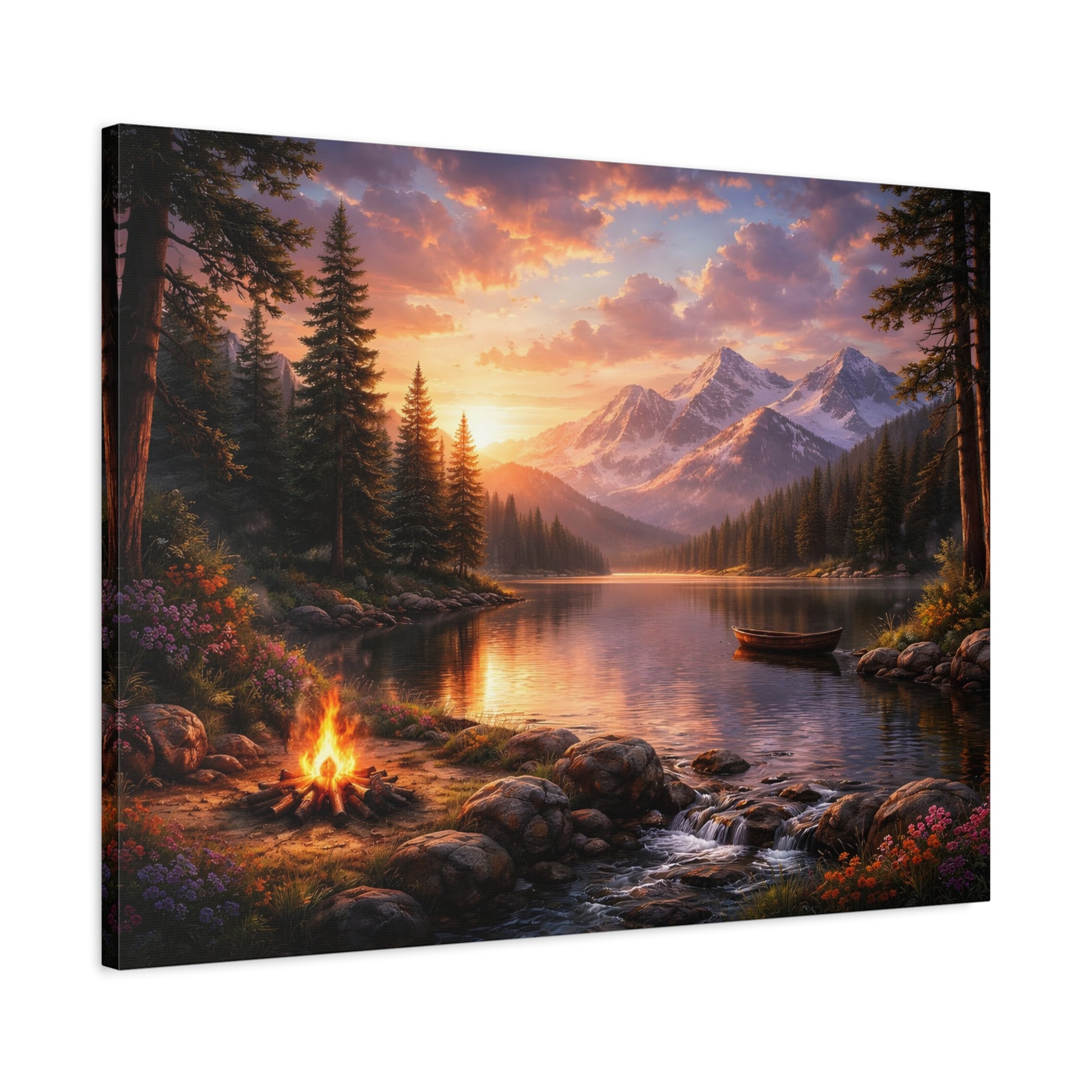 Sunset Mountain Lake Campfire Canvas Wall Art