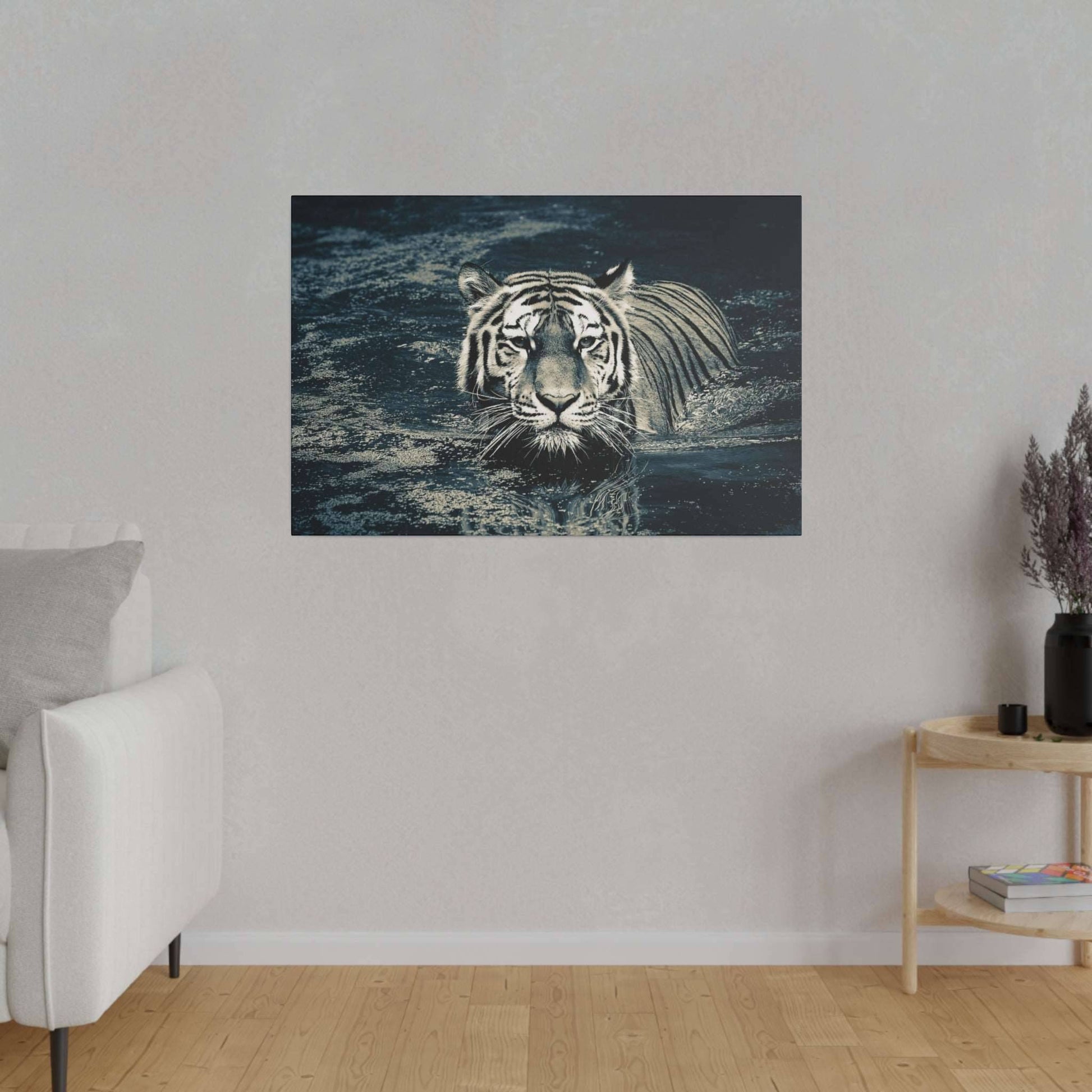 Stealth and Serenity: Monochrome Tiger Water Crossing Canvas Print