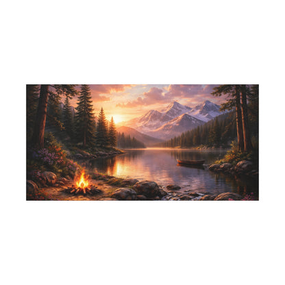 Sunset Mountain Lake Campfire Canvas Wall Art