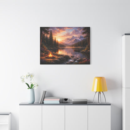 Sunset Mountain Lake Campfire Canvas Wall Art