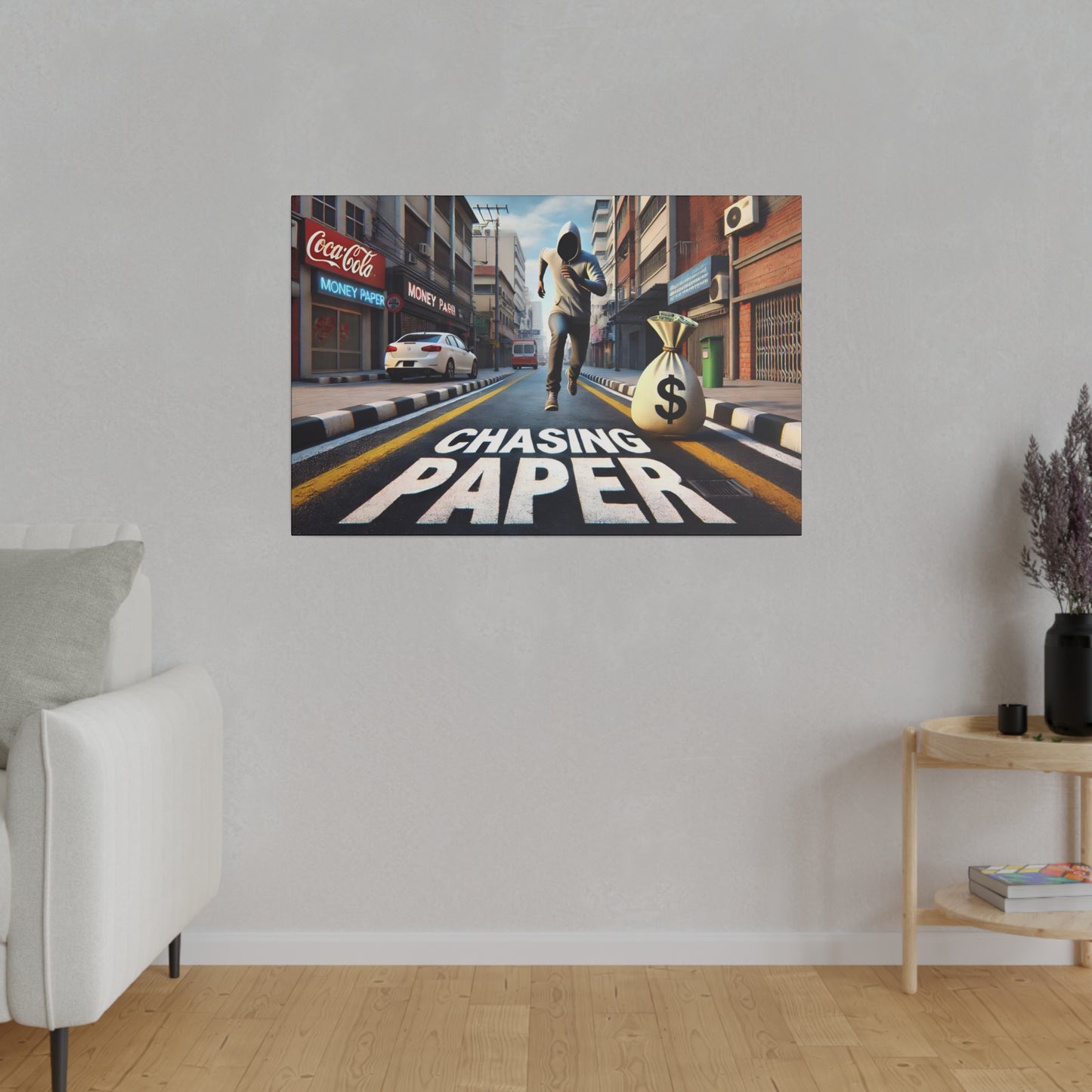 Chasing Paper: Dynamic Urban Canvas Print – Motivational Art