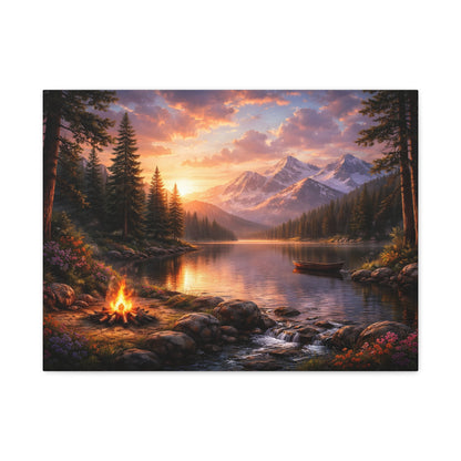 Sunset Mountain Lake Campfire Canvas Wall Art